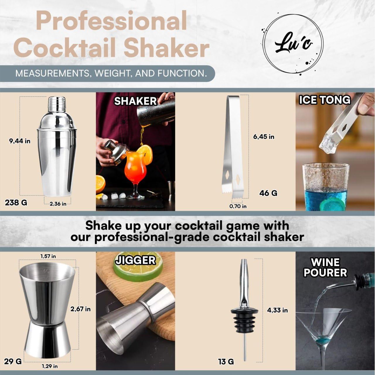 LU’C Cocktail Shaker Set Bartender Kit with Stand – Bar Set Drink Mixer with All Essential Accessory Tools: Martini Shaker, Jigger, Strainer, Mixer Spoon, Muddler, Liquor Pourers – Silver