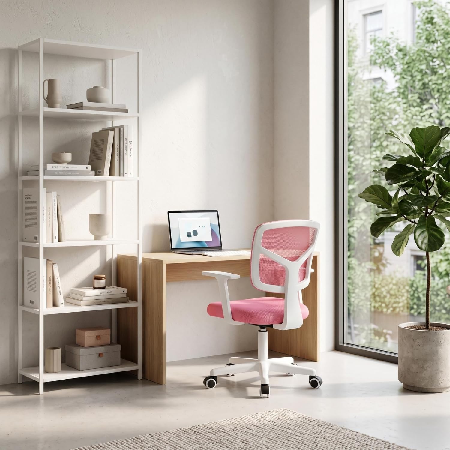 FurnitureR Home - Escritorio de Ordenador para jóvenes/Adolescentes con Malla Transpirable, giratoria Silla de Estudio Ajustable en Altura con apoyabrazos, Rosa, Metal, 50 x 53 x 87 cm