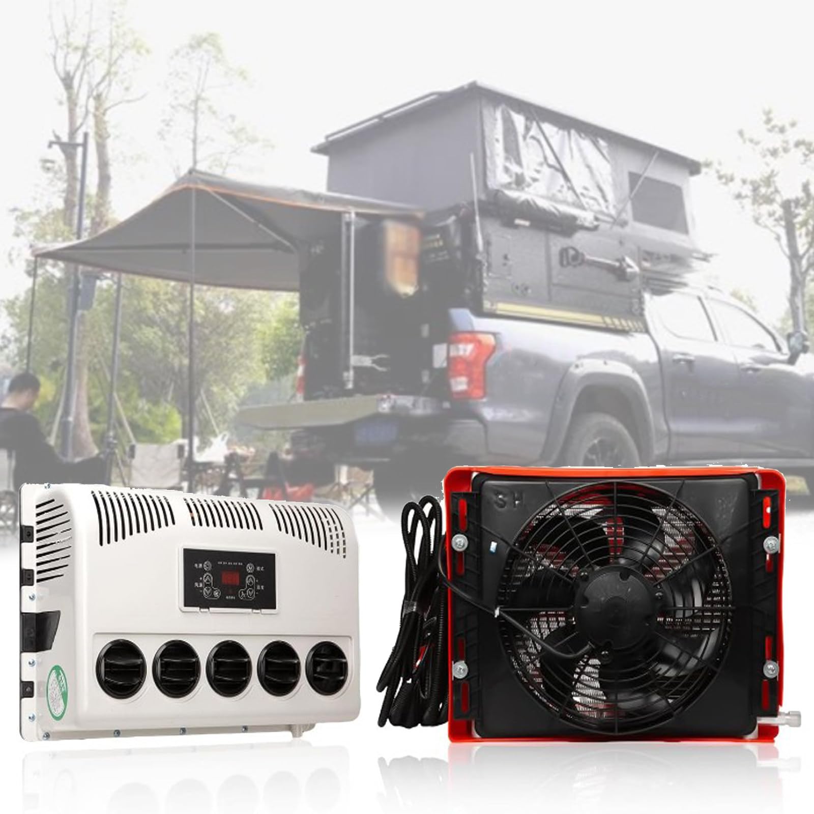 DOZPAL 12V/24V dc RV Air Conditioner, Split Air Conditioning Kit Electric Truck Cab Air Conditioner Unit with Remote Control for Camper Semi Truck Boat Bus Off-Road Vehicle Red-12V