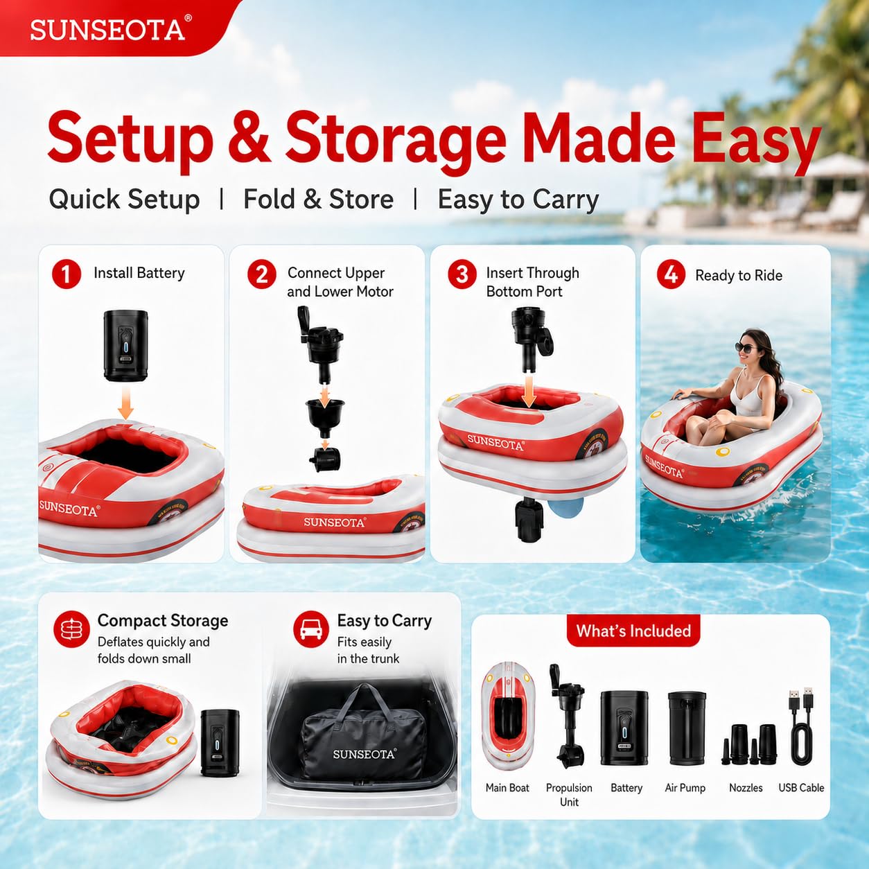 Lettino Galleggiante Motorizzato per Piscina, Poltrona Gonfiabile Elettrica con Joystick Multidirezionale, Batteria Ricaricabile da 2600 mAh e Pompa ad Aria Inclusa Red-1battery