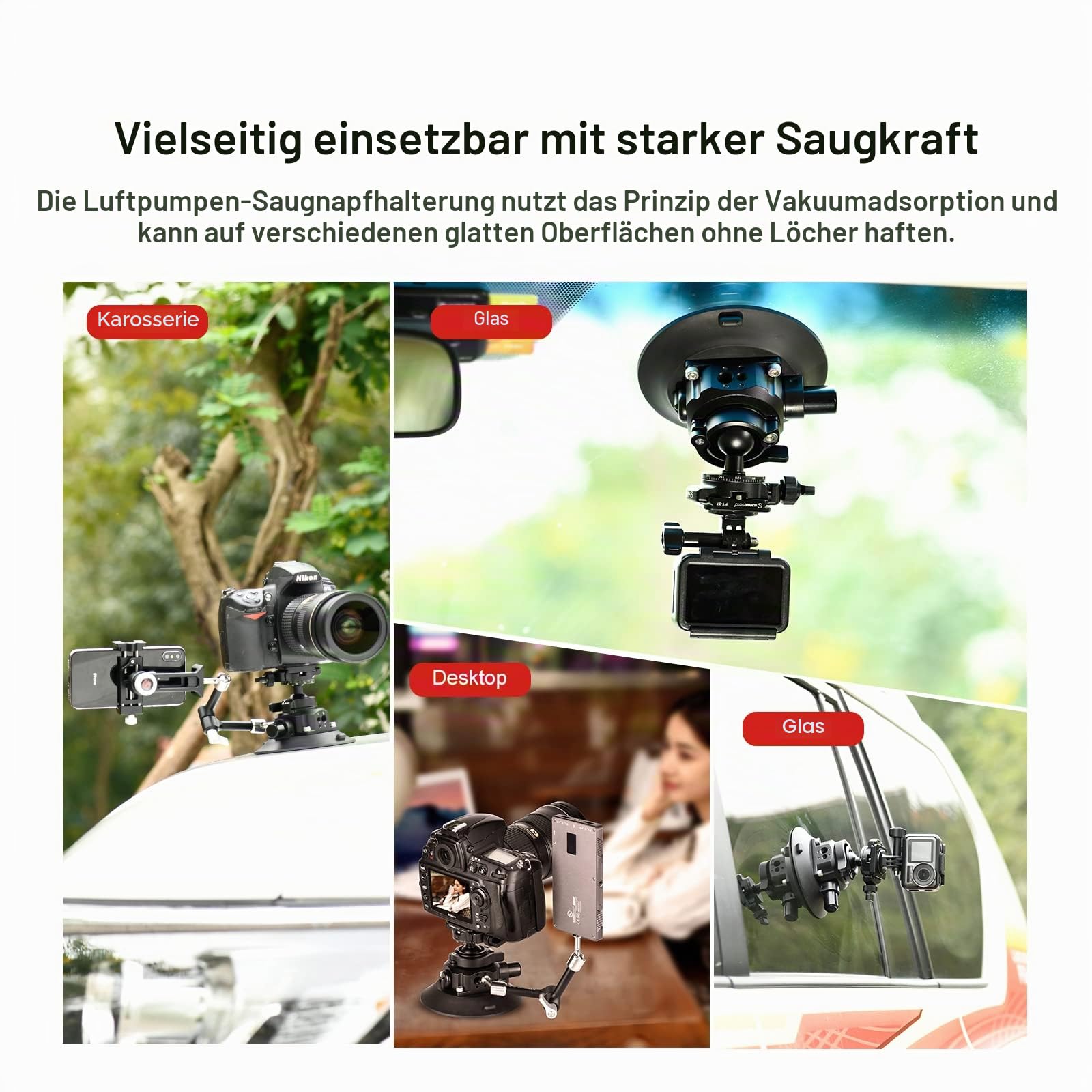 SUNWAYFOTO BS-01 Saugnapfhalterung Kugelkopf für DSLR-Kamera, Handyhalterung, GoPro für Auto, Traglast 10 kg