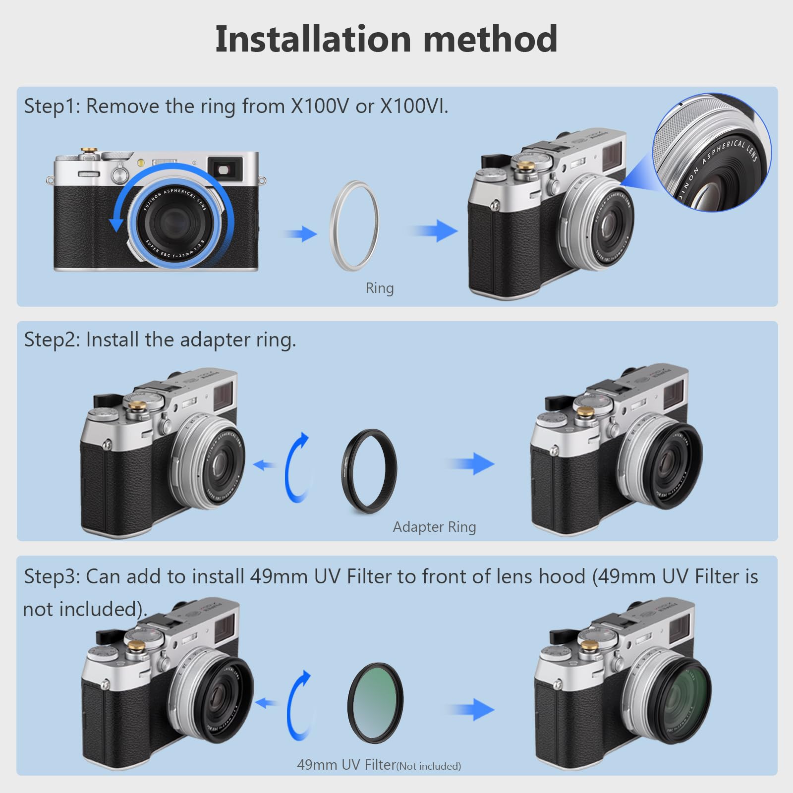 Haoge LAR-X52B Bague d'adaptation pour filtre d'objectif Fujifilm X100VI X100V 49 mm Noir