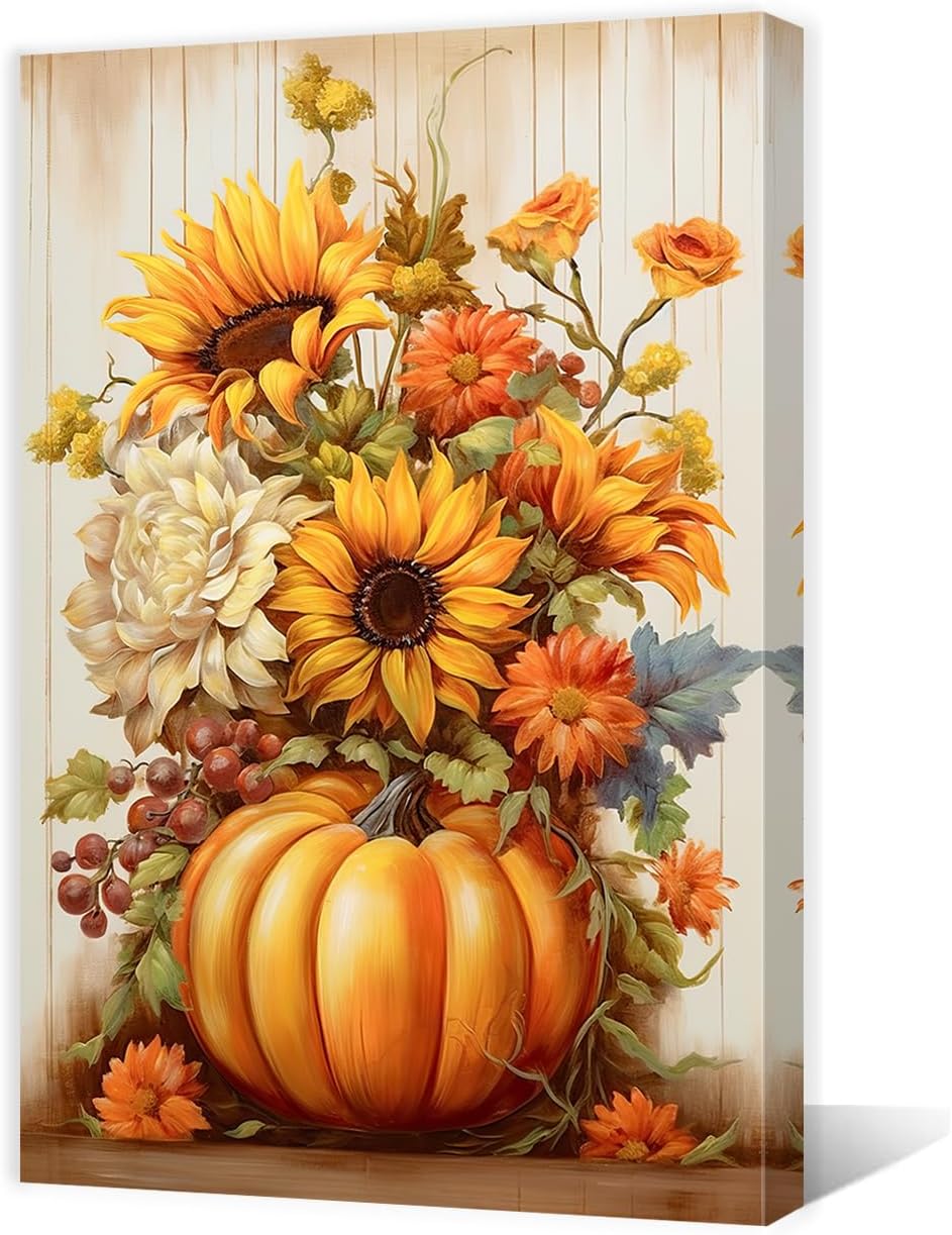 QIXIANG Autumn Wall Art Pumpkin and Sunflower Canvas Prints Thanksgiving Day Painting Fall Harvest Canvas Pictures Decor Frame (16.00" x 24.00", Pumpkin V2) 16.00" x 24.00" Pumpkin V2