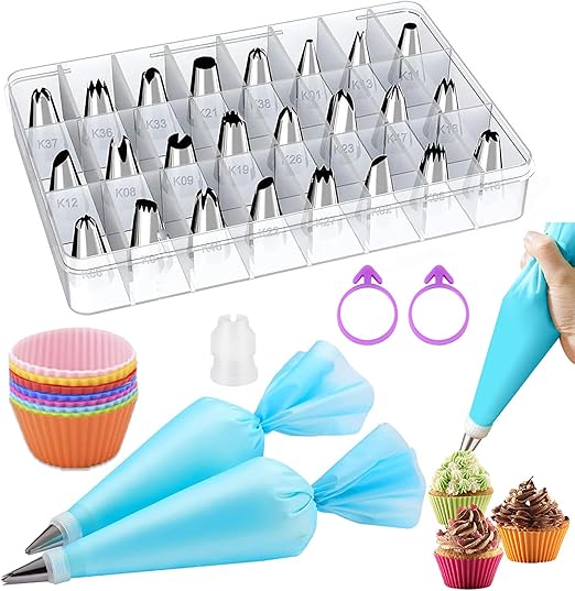 Suuker Piping Bags and Tips Set, Reusable Icing Bags and Tips with 24 Piping Tips, 2 Reusable Pastry Bags, 9 Silicone Baking Cups, Coupler, Cake Decorating Kit for Frosting Cookie, Cupcake(38 Pcs)