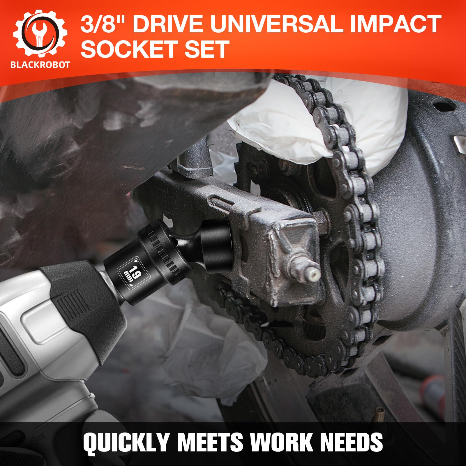 BLACKROBOT Set di chiavi a bussola universali a percussione, con attacco da 3/8", 12 pezzi, con 6 punti (10-22 mm), acciaio CR-MO, include binario di stoccaggio