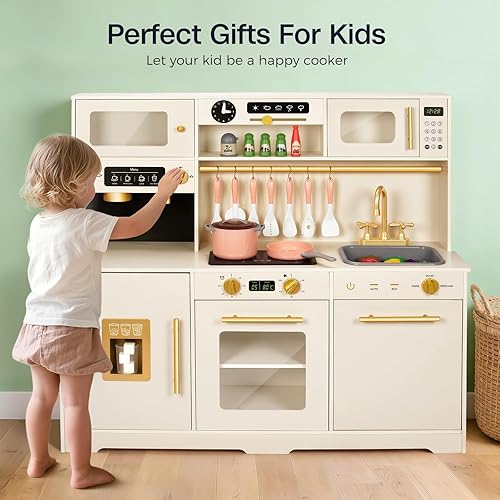 Miniatura 7 de Juego de cocina de madera para niños pequeños, juego de cocina de juguete para niños, juego de simulación con 41 piezas de accesorios de comida y