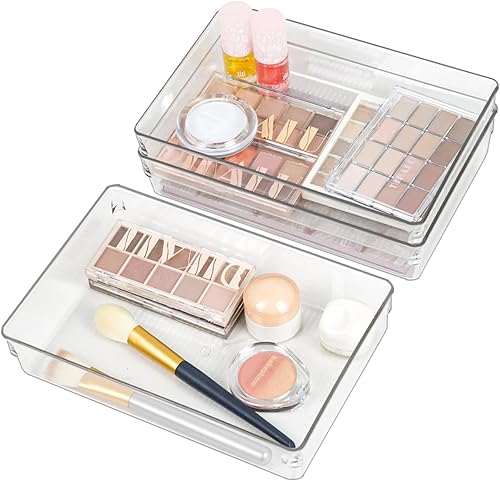 Juego de cubos organizadores de cajones transparentes, bandejas rectangulares transparentes, organizador de maquillaje y almacenamiento de tocador,