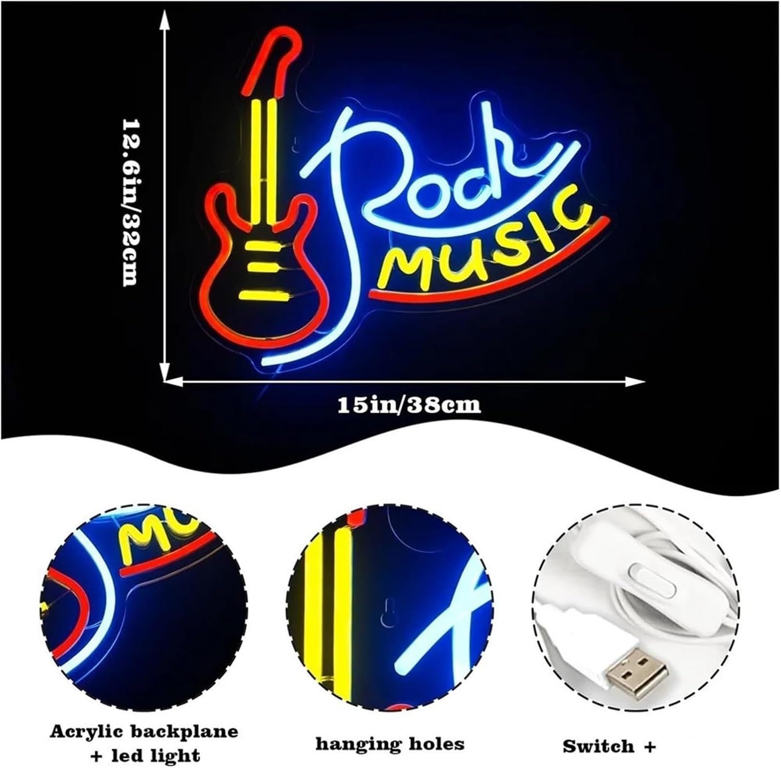 Generico Per lampada al neon prestito parola Musica rock per insegne