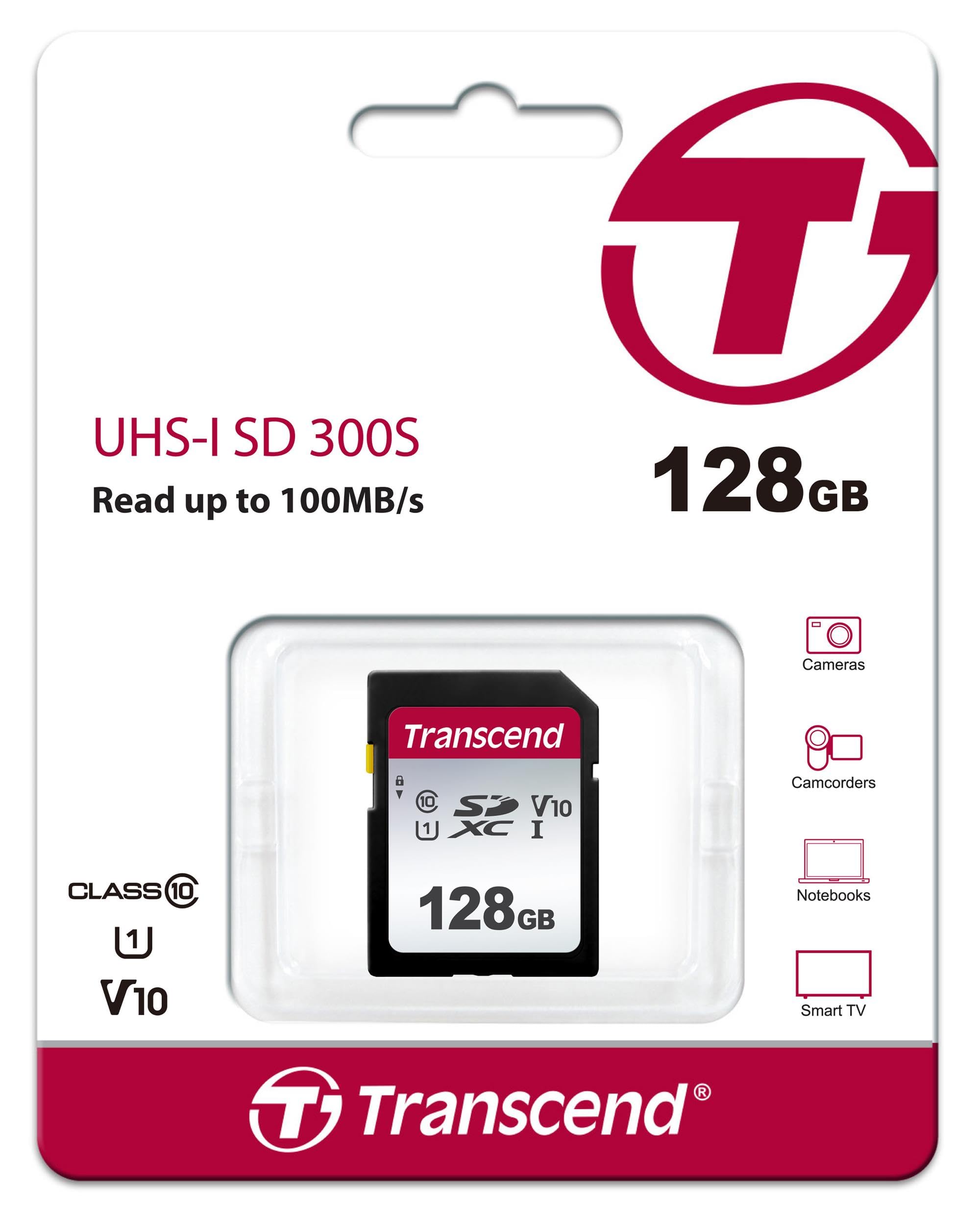 Transcend SDC300S Carte mémoire SDXC Haute Vitesse 128 Go pour appareils Photo numériques,Photos et vidéos, autoradio,Classe 10,UHS-I U1, Classe de Vitesse vidéo V10 pour 4K Ultra HD TS128GSDC300S-E2