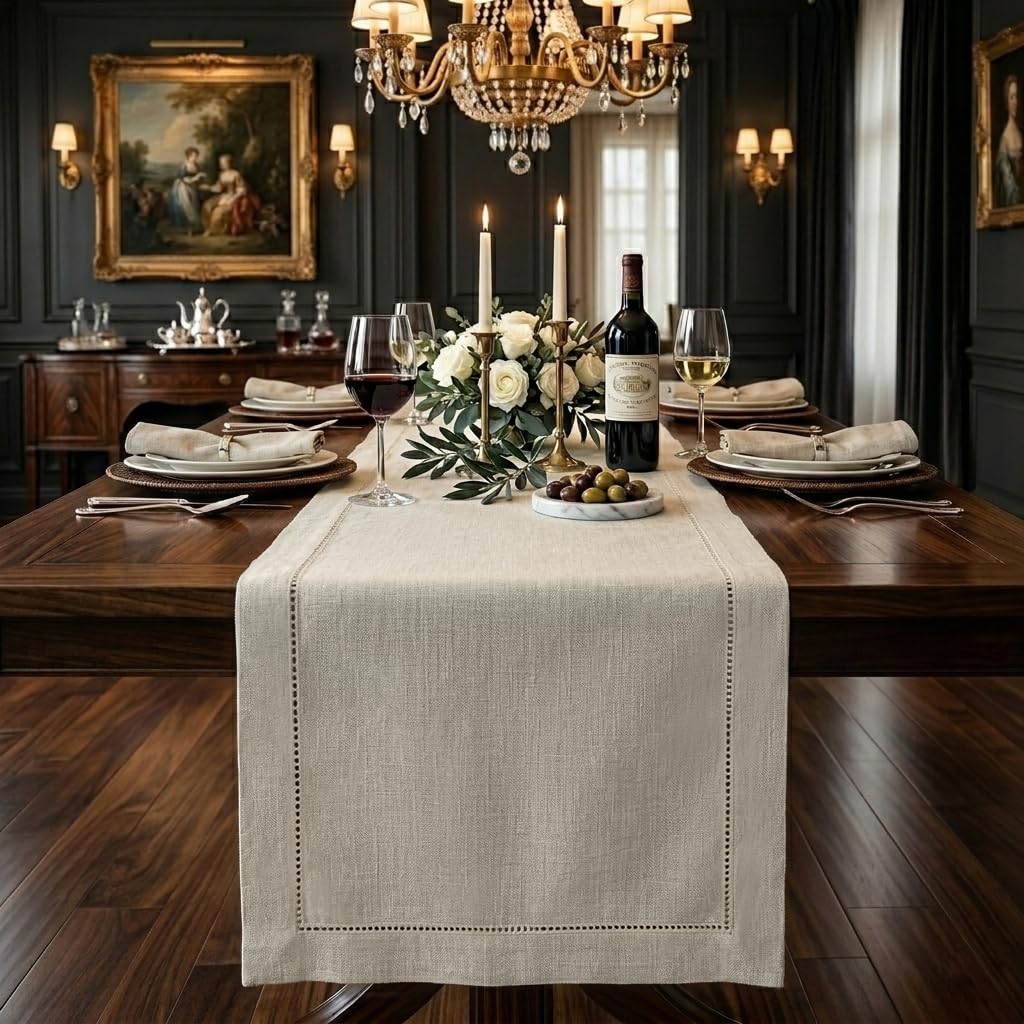 Signature Linen™ by D'Moksha Light Natural Table Runner, 100% Pure Linen, Hemstitch, 35 x 180 cm Table Runner for Dresser, Dining- Summer