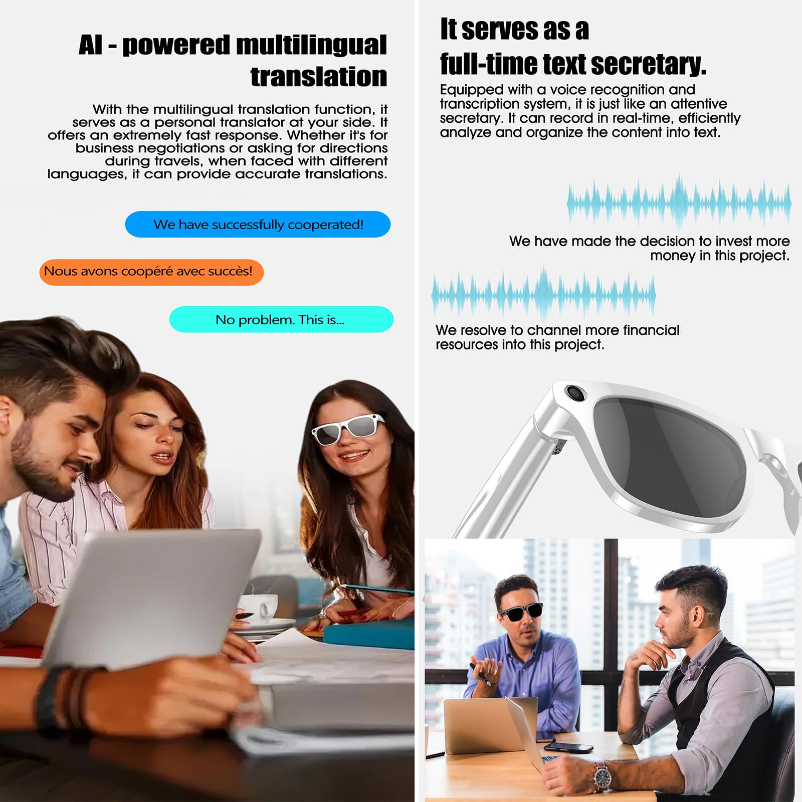 Inteligentne okulary z tłumaczeniem sztucznej inteligencji, obsługuje ponad 110 języków i nagrywania wideo HD, okulary przeciwsłoneczne z funkcją dotykową i głosową, otwarte ucho, czysty