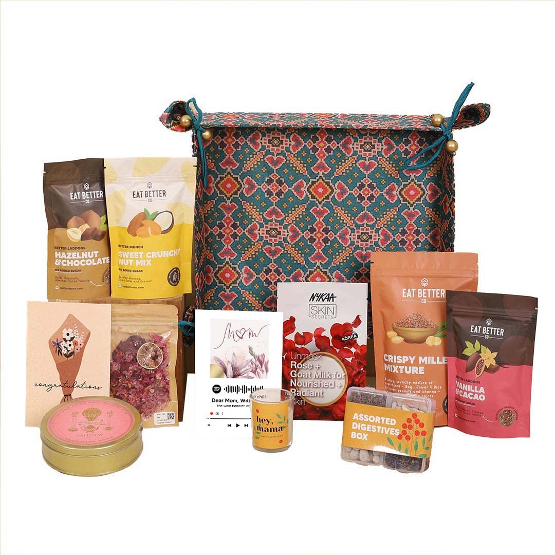 EAT BETTER CO Mothers Day Gift Hamper - Healthy Gift Set for Mom in Beautiful Patola Tray - 11 Item Combo - Healthy Swets, Premium Rose Tea, Incense Cones, Candle, Lavendar Foot Salt, Face Mask & More (B0C2374ZXK) Amazon Price History, Amazon Price Tracker