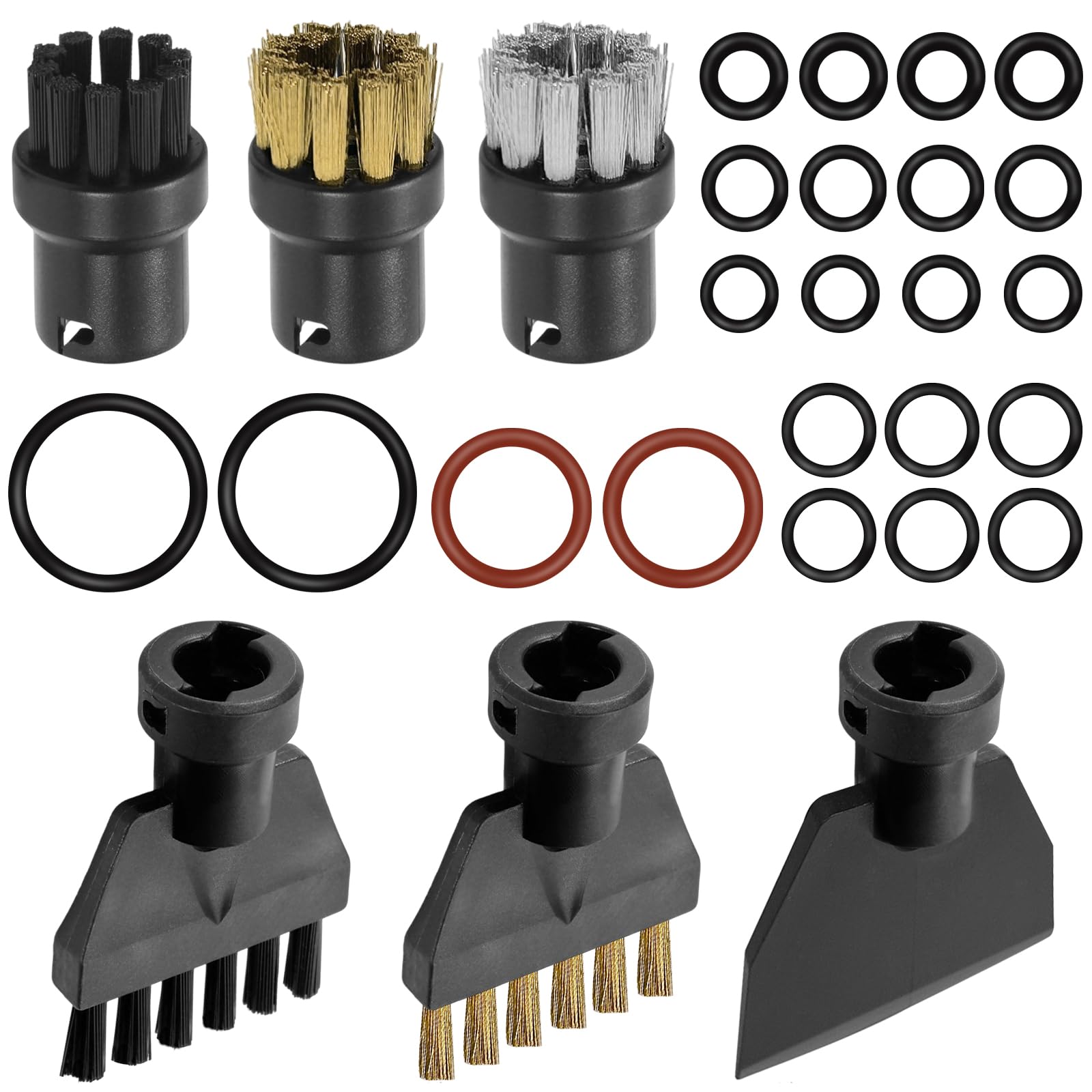 6 accesorios de limpieza a vapor compatibles con Kärcher, cepillo redondo, cepillos planos de nailon y latón, limpiador de vapor de mano, cuchara de plástico, cepillo de alambre para muebles de