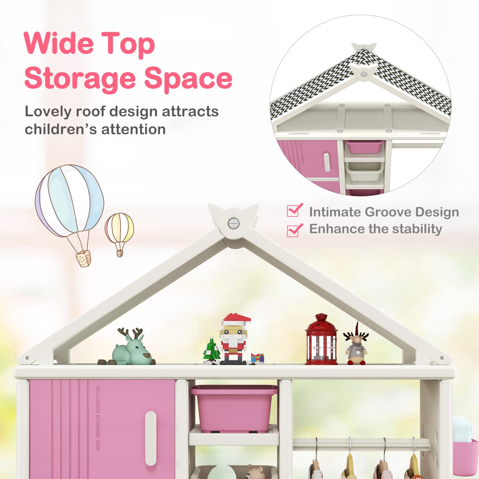 FANTASK Kinderregal in Hausform, 130 x 34 x 156 cm, Kindergarderobe mit Regalen, Seitenkörben & 4 Aufbewahrungsboxen, Kinder Kleiderschrank für Kinderzimmer (Rosa)