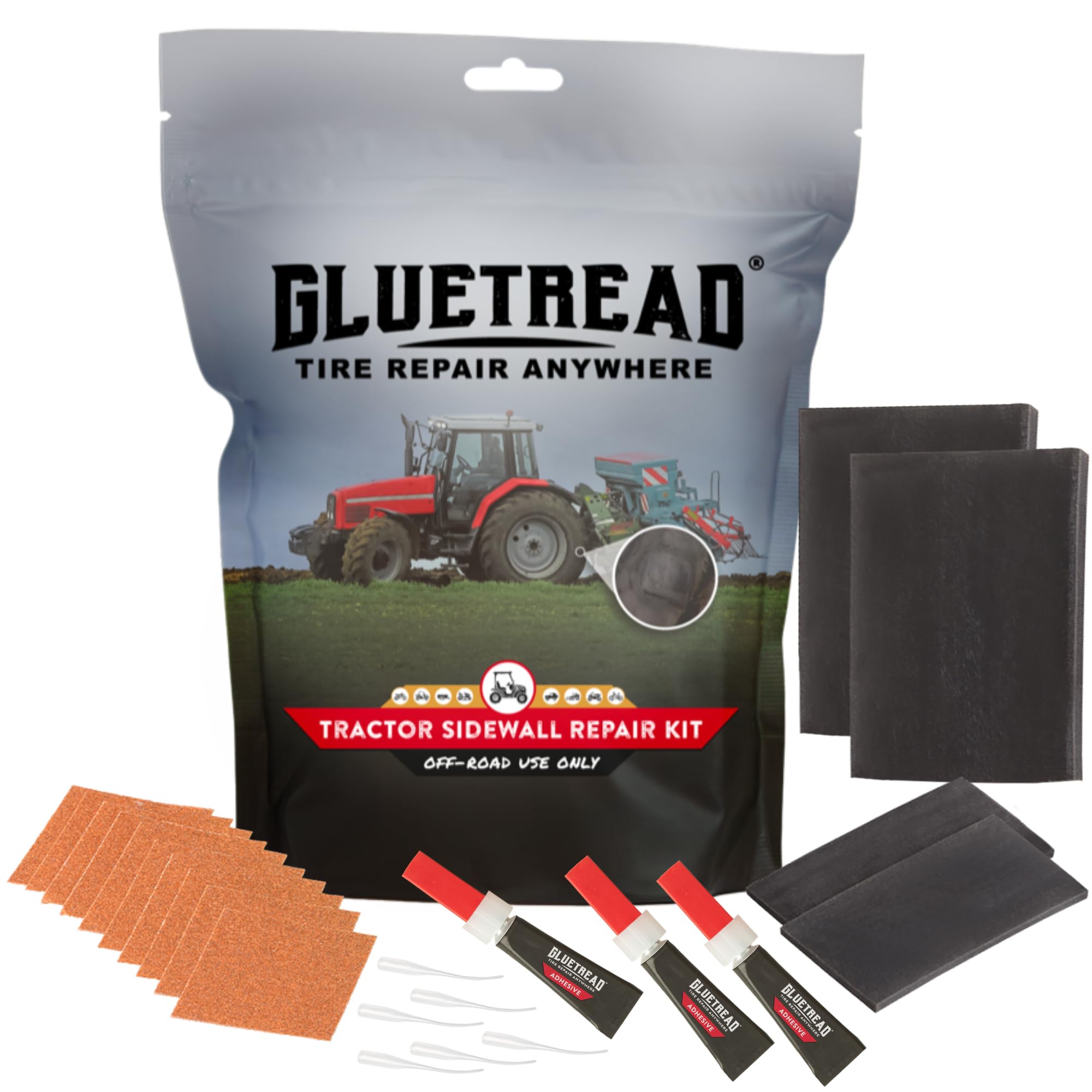 GlueTread Kit de reparación de neumáticos de Pared Lateral para Tractor | Reparación de pinchazos Todoterreno en Cualquier Lugar sin Necesidad de Quitar el neumático, Suficiente Material para
