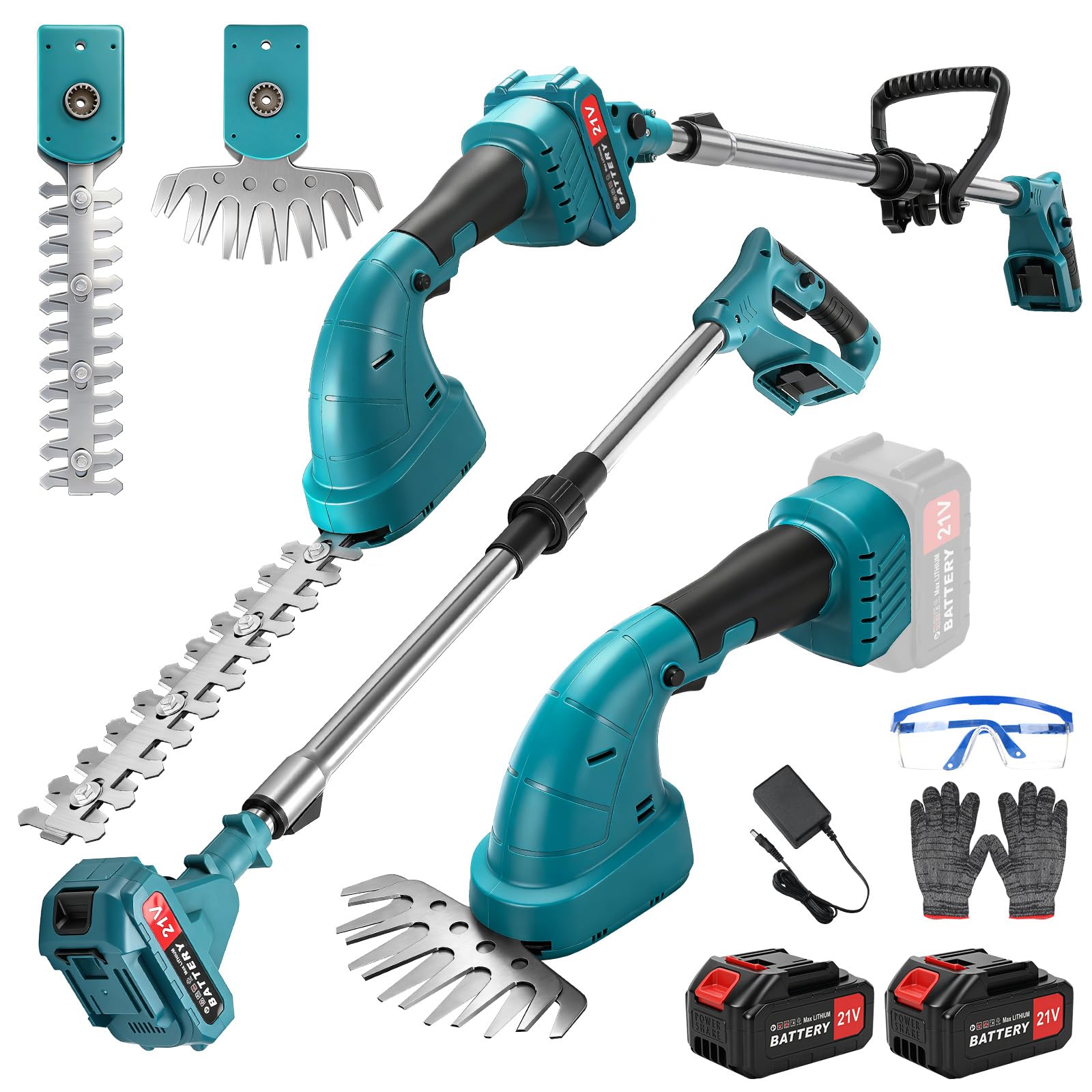 Cortasetos telescópico con batería 3 en 1 con barra telescópica de 135 cm, tijeras de césped con batería y tijeras para arbustos con 2 baterías de 3 Ah, desbrozadora de mango largo ajustable de 180°