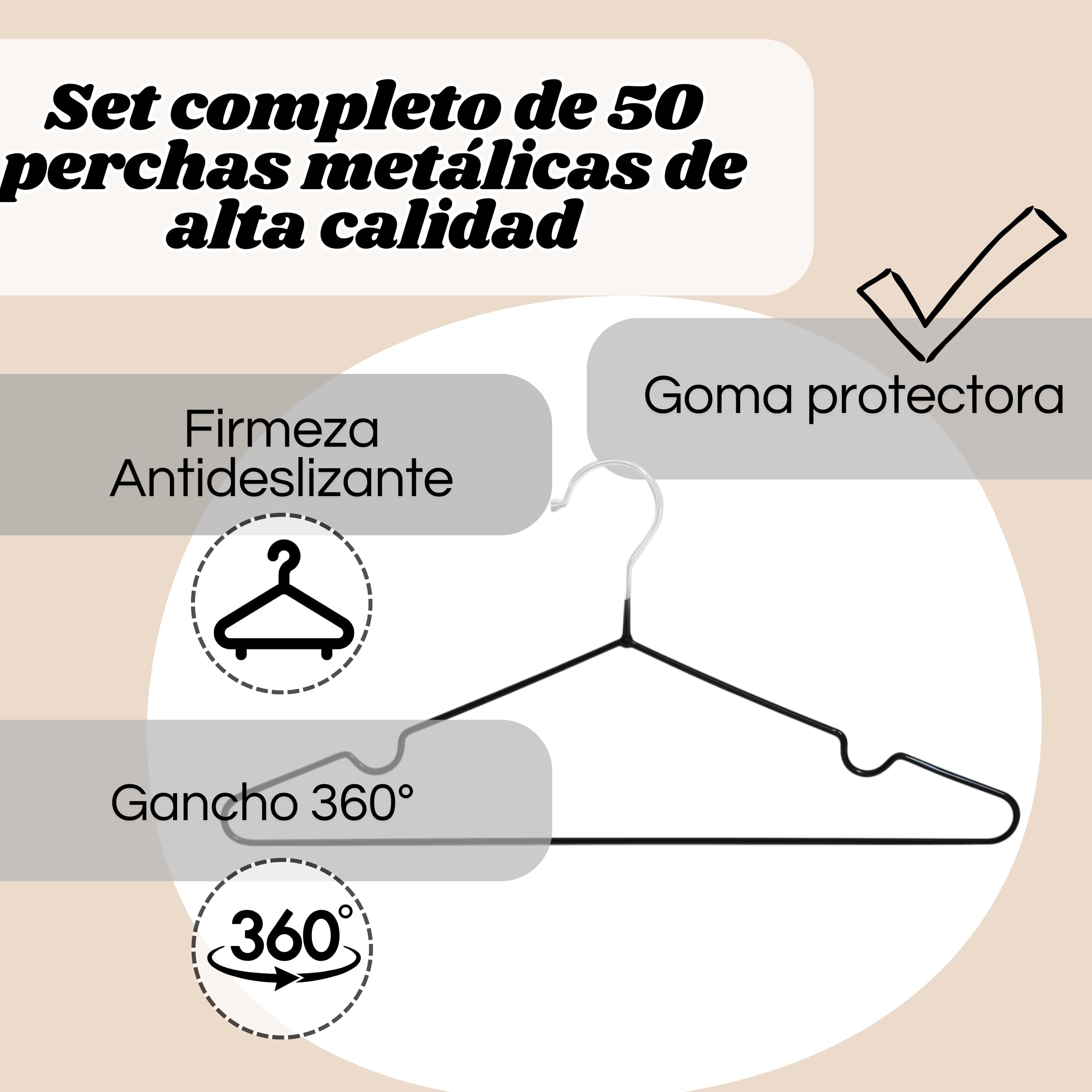 Weida | Paquete de 50 Perchas metálicas Antideslizantes | Recubrimiento de Goma Suave, Delgadas y Resistentes |Ideal para Pantalón, Camisa, Traje |40.5X 19.5 cm (Negro)