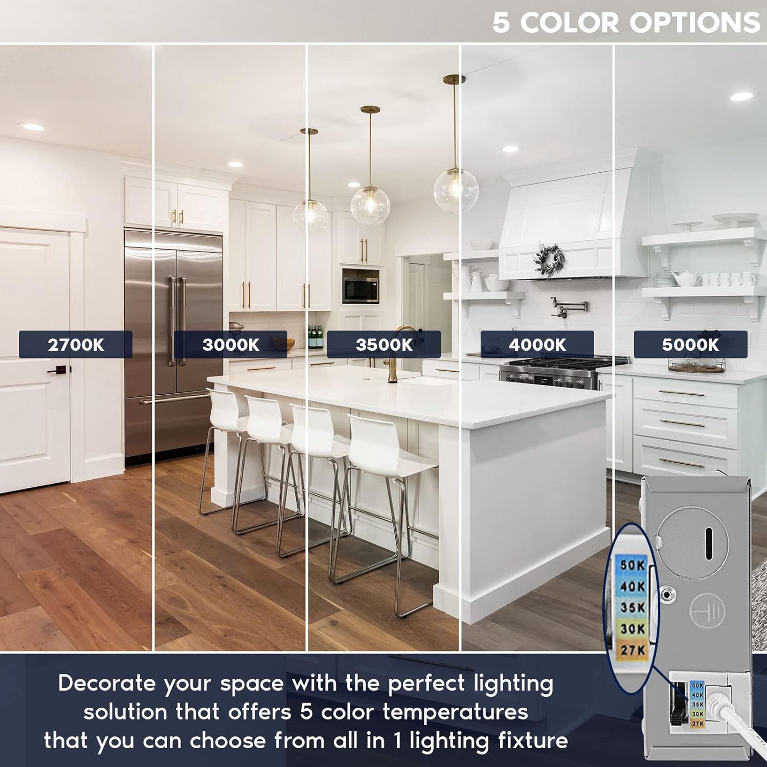 LUXRITE 5 Inch LED Recessed Ceiling Light with Junction Box, 18W, 5CCT Selectable 2700K/3000K/3500K/4000K/5000K, 1600LM High Brightness, Dimmable Canless Downlight, Wet Rated, IC Rated, ETL (4 Pack)