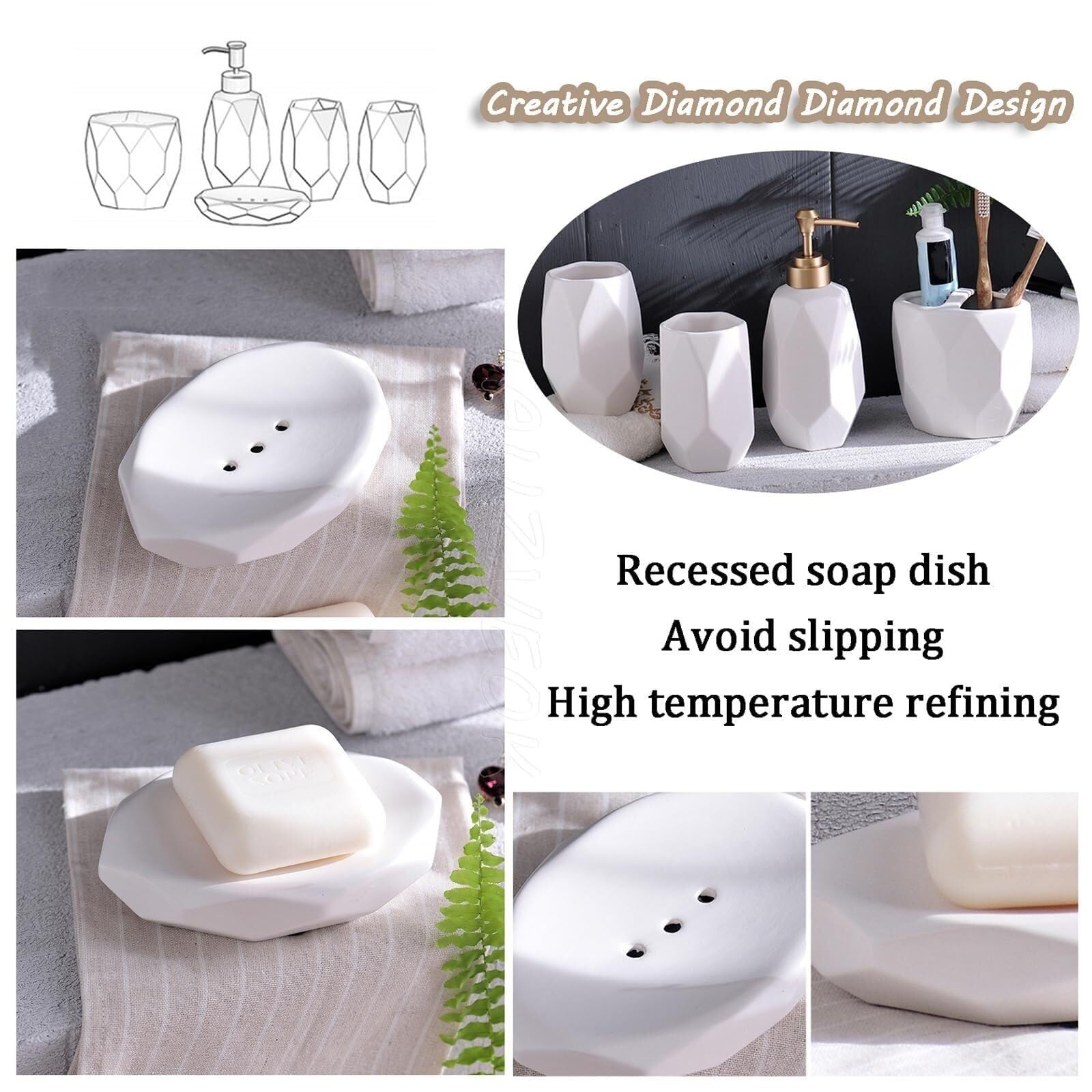 Set di accessori per il bagno Dispenser di sapone da 5 pezzi, organizer con portaspazzolino, bicchiere e piatto, decorazione costiera Arredamento per gli affittuari(White)