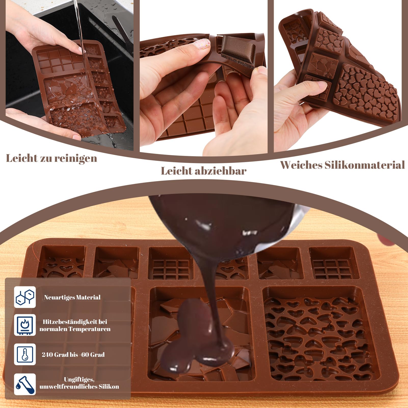 4 Stampi In Silicone Per Cioccolato + Spatola - Antiaderenti, Per Barrette, Dolci Fatti In Casa, -40°C A 230°C - Foto 5