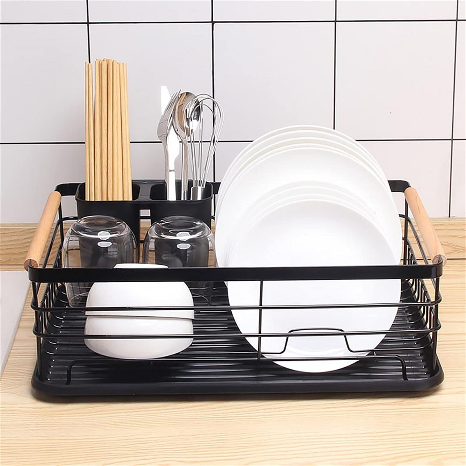 Küchen-Geschirrtrockner Single Layer Dish Rack Küchenorganisator Lagertablagerung Schwarz Trocknungsplatte Regal Abnehmbare Teller Korb Küchenzubehör Multifunktionaler Abtropfständer