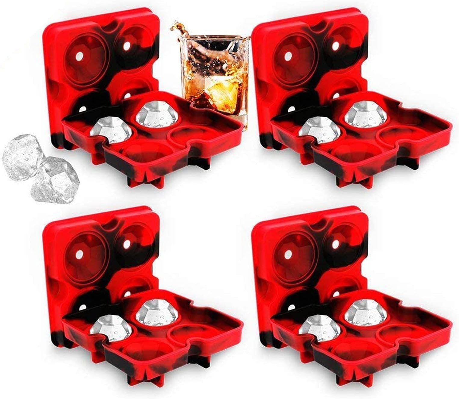 Bella Vino 4 Pack Ice Cube Trays with Lids,16 Diamond Ice Cubes, Silicone BPA-Free Stackable Easy Release Ice Molds Multi-use Storage Containers for Ice, Whiskey, Candy and Chocolate, Red & Black