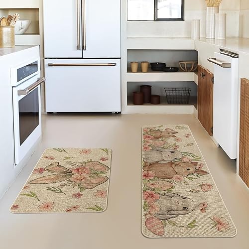 Miniatura 2 de Artoid Mode Juego de 2 tapetes de cocina con diseño de huevos florales, conejos, Pascua, decoración del hogar, alfombras de cocina de bajo perfil