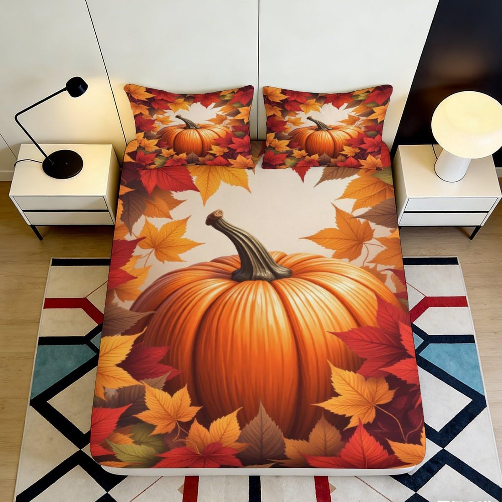 Pnayamiorkfel Style-9 3D Printed Pumpkin Autumn Leaves Fitted Sheet Microfiber Soft Mattress Cover For Bedroom Guest Room Decor 90X200x25cm