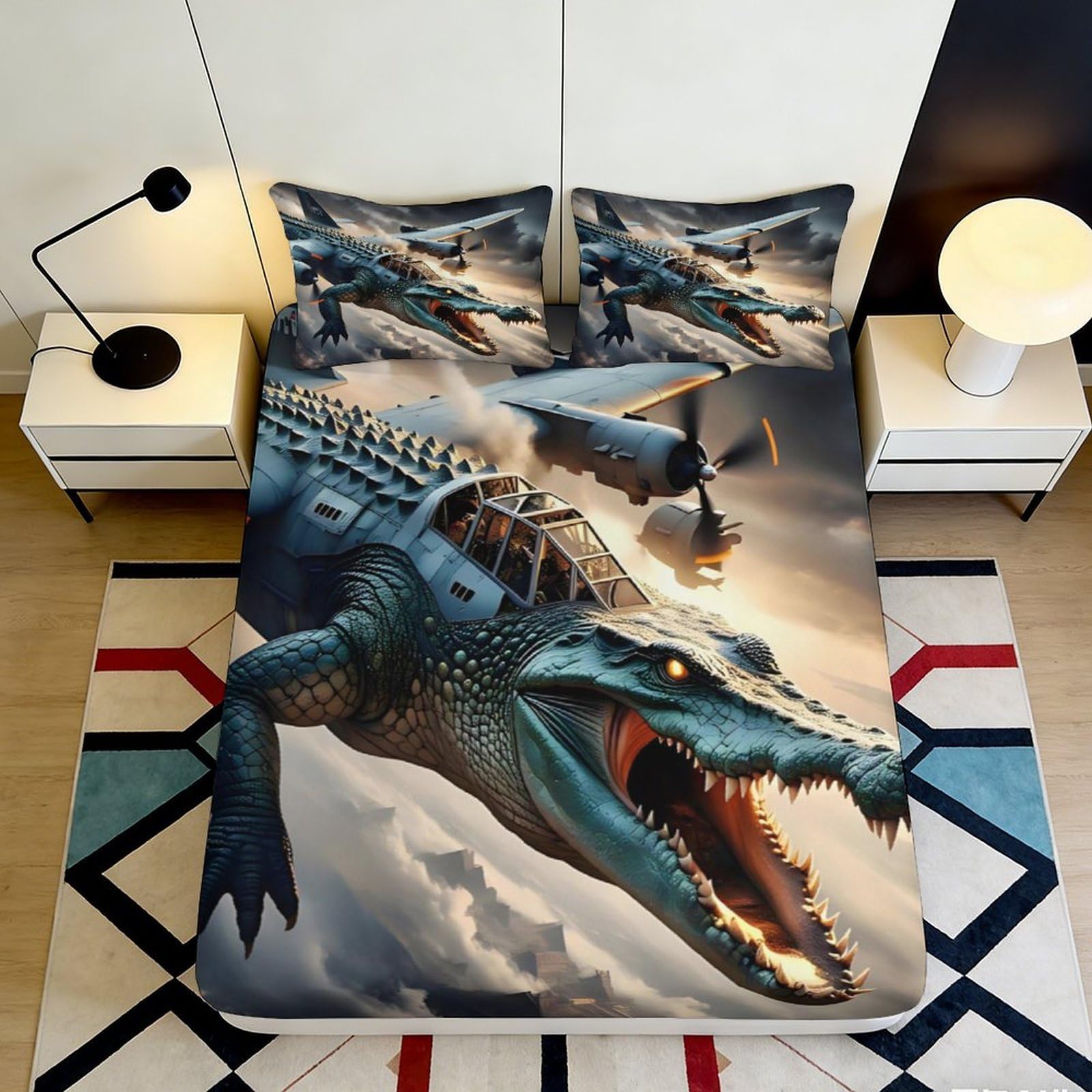 3D Printed Crocodile Airplane Fitted Sheet Microfiber Soft Durable 3D Printed Warplane Bed Cover for Bedroom Dormitory Guest Room Mattress Protection 120x200x25cm