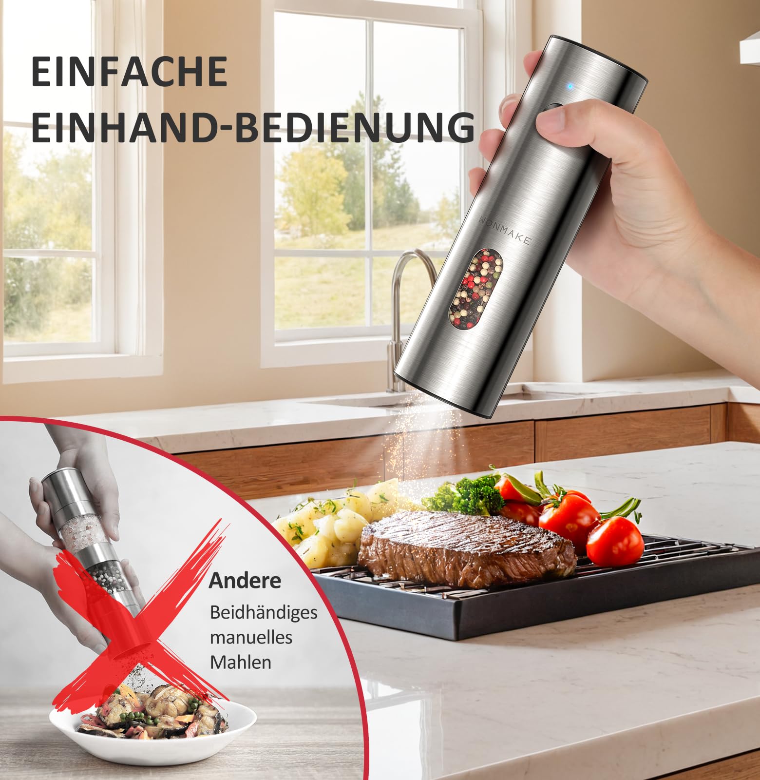 Set macinapepe elettrico - Saliera e pepe ricaricabile in acciaio inox con doppia stazione di ricarica USB-C, grande capacità, grado di macinazione regolabile, luce LED, idea regalo