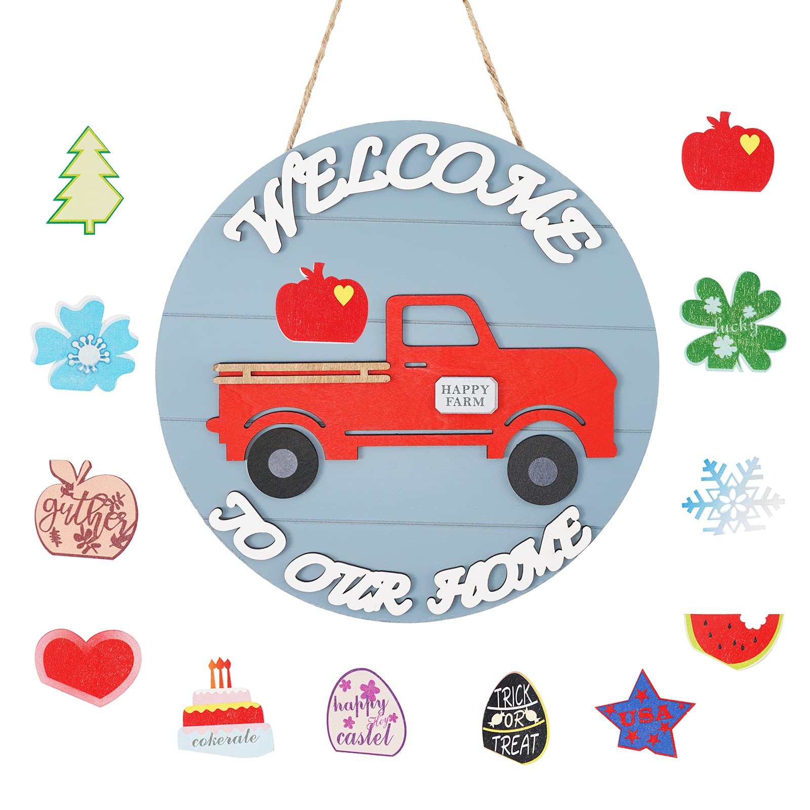 Baihui Red Old Truck Welcome Sign for Front Door with 12 Pieces Seasonal Interchangeable Holiday Accessories, Diameter 12 Inch Wood Porch Decor Hanging Rustic Farmhouse Outdoor Home Decorations