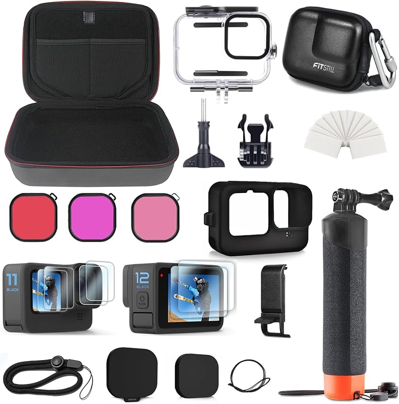 FitStill Carrying Protective Case Include 60M/196FT Underwater Waterproof Shell&Dive Filters&Silicone Case&Screen Protector&Monopod Floating Hand Grip Dive Go Pro Hero 12/11/10/9 Black Accessory Kit