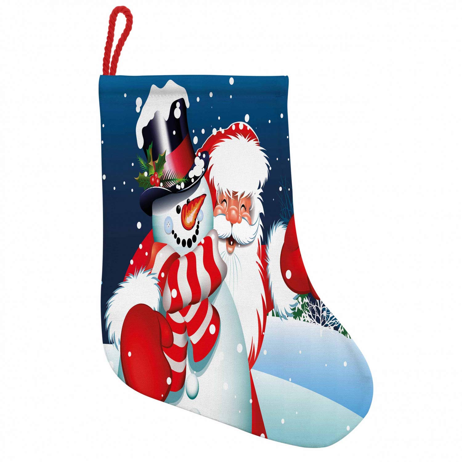 ABAKUHAUS Christmas Hanging Stocking Bag, Smiling Santa Claus Hugging Snowman in Cartoon Style Winter Hills Fir Trees, Christmas Decor Gift Storage with Loop to Hang, Blue Red White