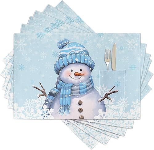 Miniatura 8 de Juego de 4 manteles individuales con diseño de muñeco de nieve, tejido lavable y lavable con bolsillo, mantel de mesa de tela navideña para fiestas,