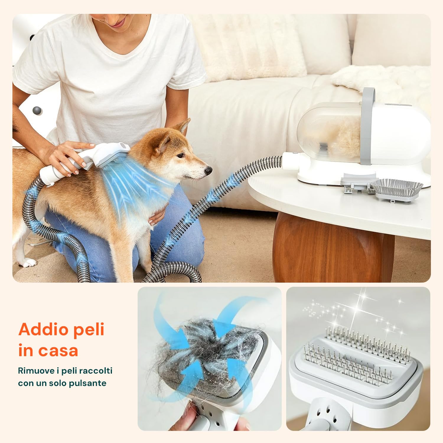Kit Toelettatura 3in1 per Cani e Gatti - Spazzola, Tosatrice e Aspirapeli – 3 Velocità 350W - Serbatoio 2L e Tubo 1,6m - Toelettatura Completa per Pelo Lungo e Corto - 22x32x13cm
