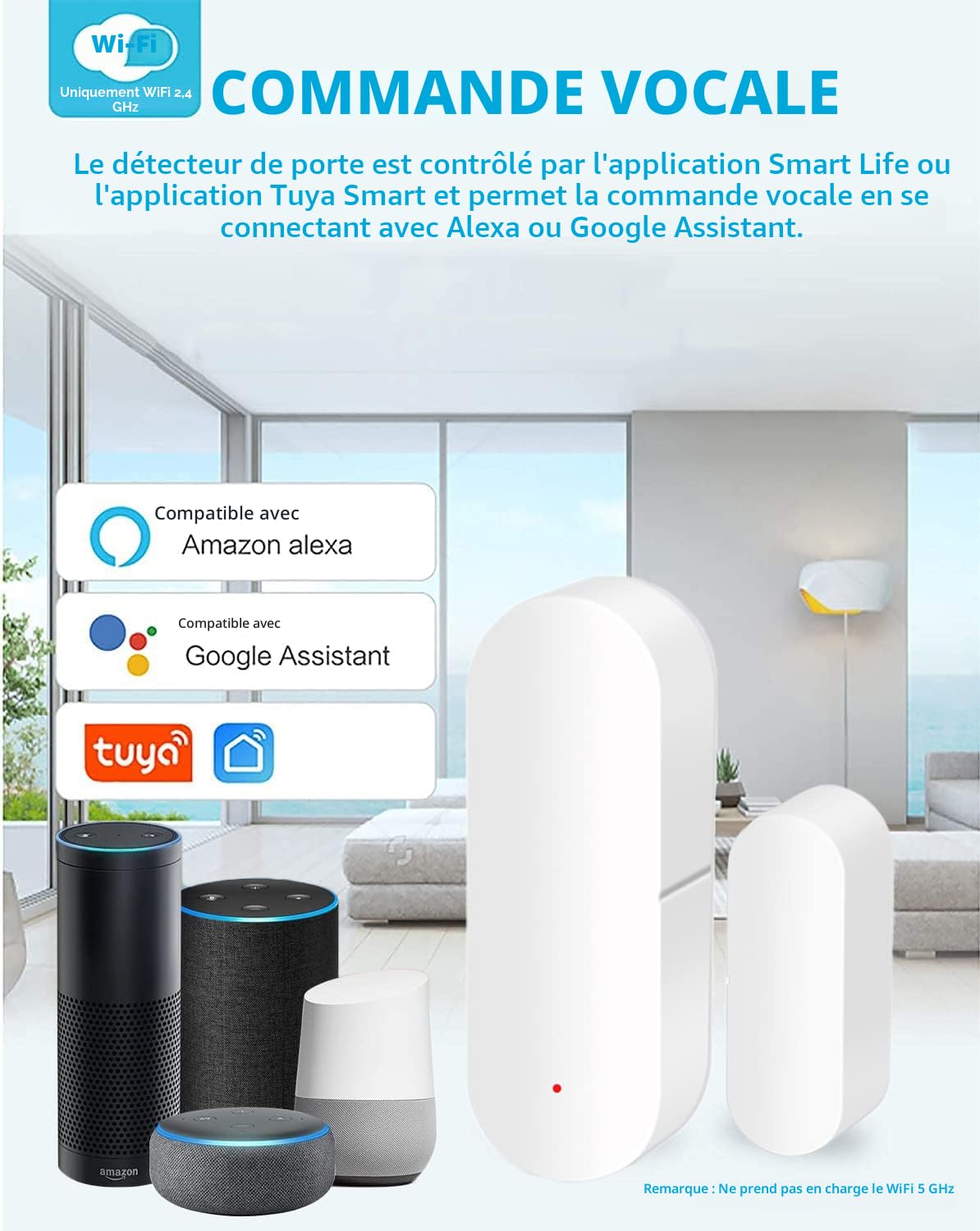 Capteur de Porte WiFi Capteur de Contact Intelligent pour fenêtre Alarme sans Fil Compatible avec Alexa et Google Assistant Pas Besoin de hub 2 Pack