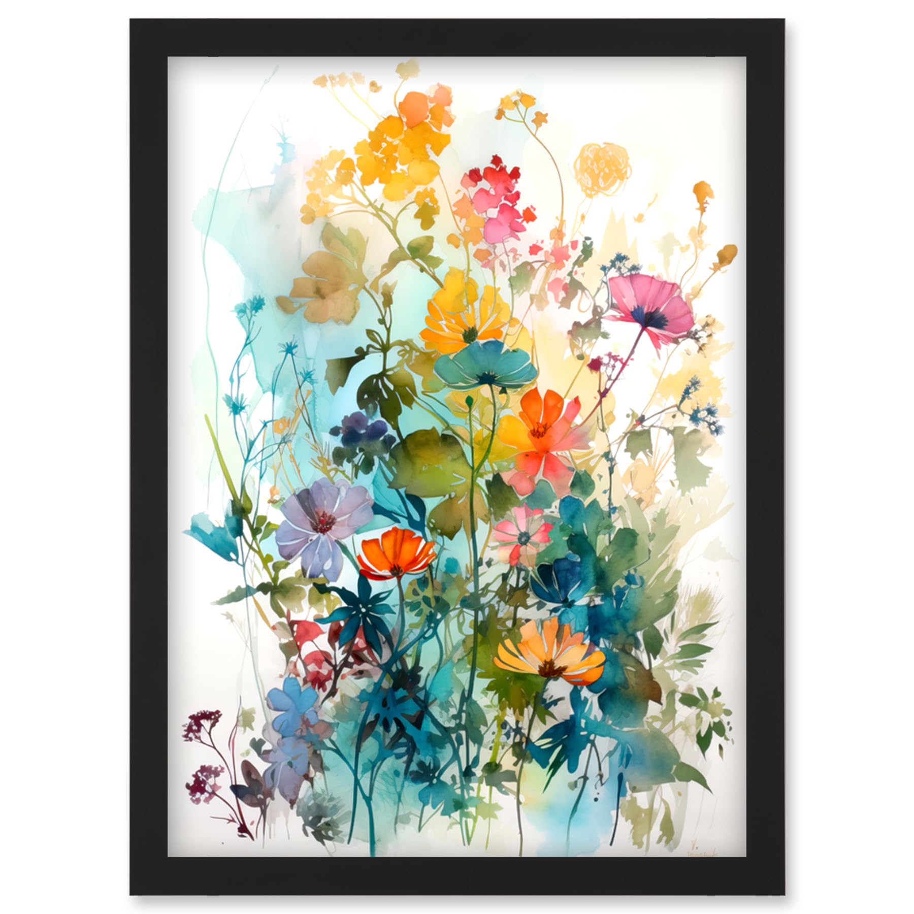 Artery8 Wild Flowers Watercolour Painting Rainbow Colour Bright Floral Spring Field Artwork Framed Wall Art Print A4
