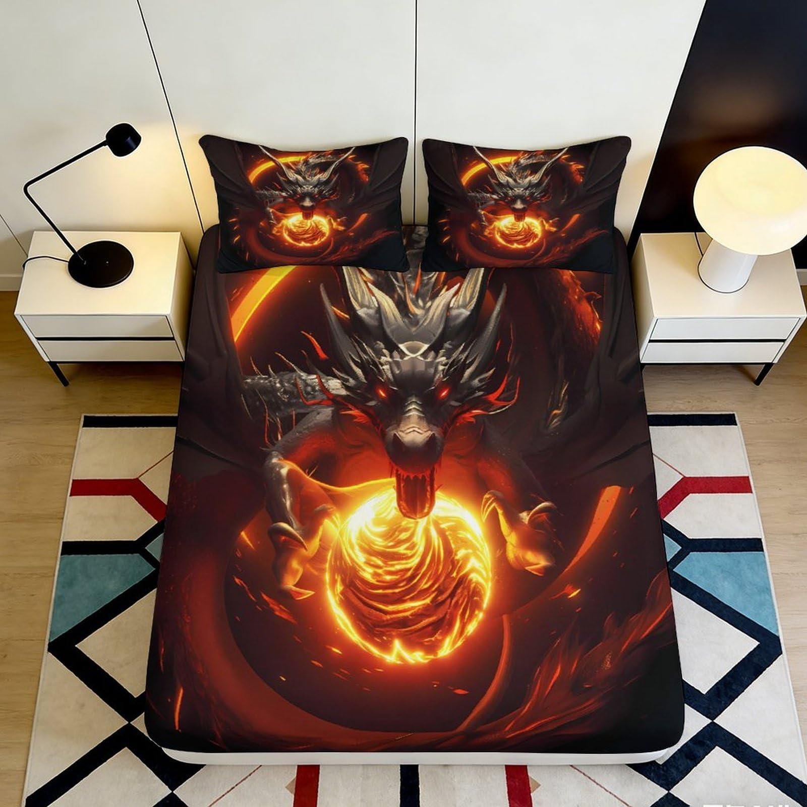 3D Printed Fiery Dragon Fitted Sheet Microfiber Soft Breathable Lava Orb Bed Cover for Bedroom Dormitory Guest Room Mattress Protection Decor 160x200x25cm