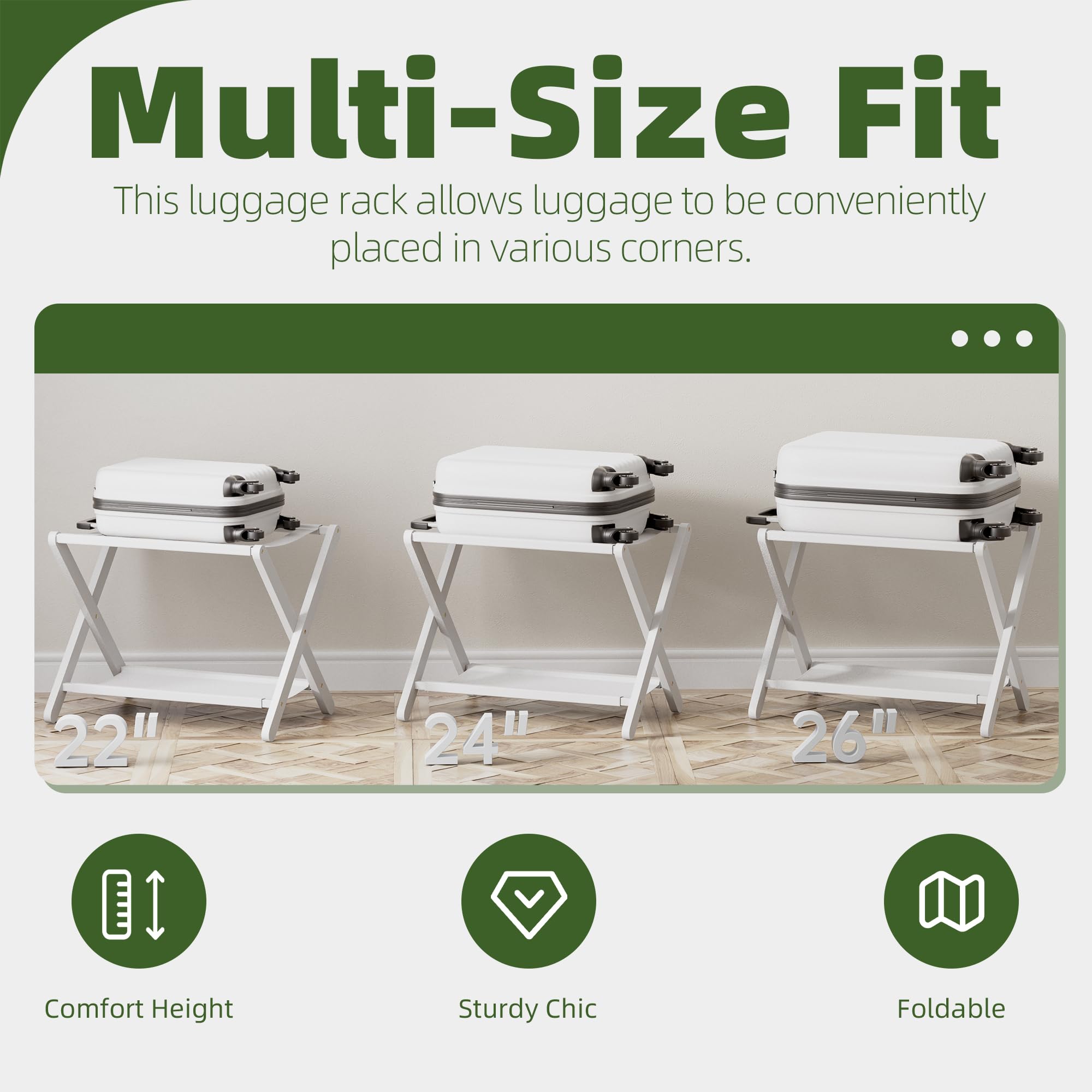 Portaequipajes, Juego de 2, Soporte plegable para maletas con estante de almacenamiento, Portaequipajes de bambú premium para habitación de invitados, hotel, Soporta hasta 61 kg (Blanco)