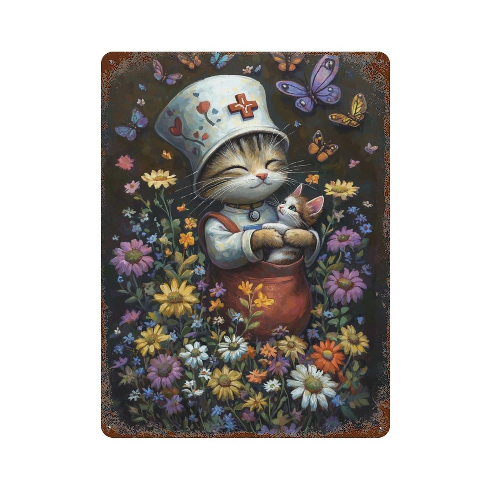 Adorable Nurse Cat with Kitten Decorative Tin Sign 15.7"x11.8", Classic Wall Plaque for Garage, Pub Or Kitchen