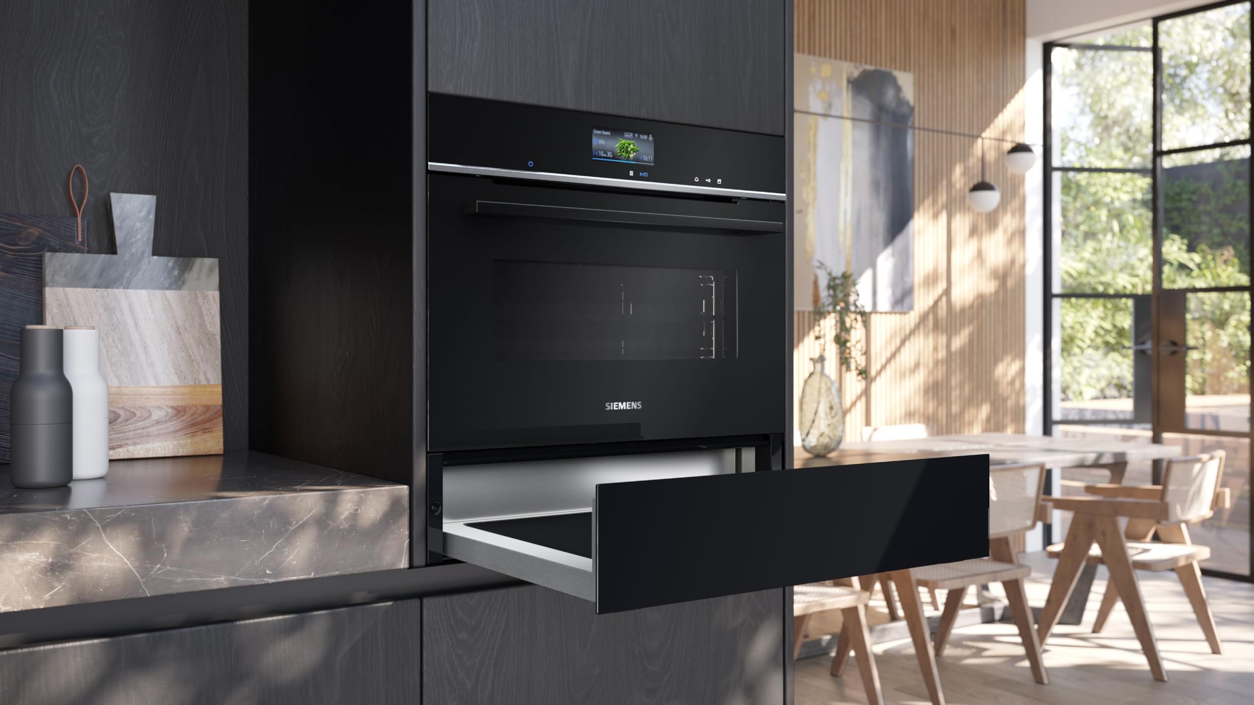 Siemens BI710E1B1 iQ700, Wärmeschublade, 60 x 14 cm, Schwarz, push und pull – leicht zu öffnende und schließende Schublade ohne Griff