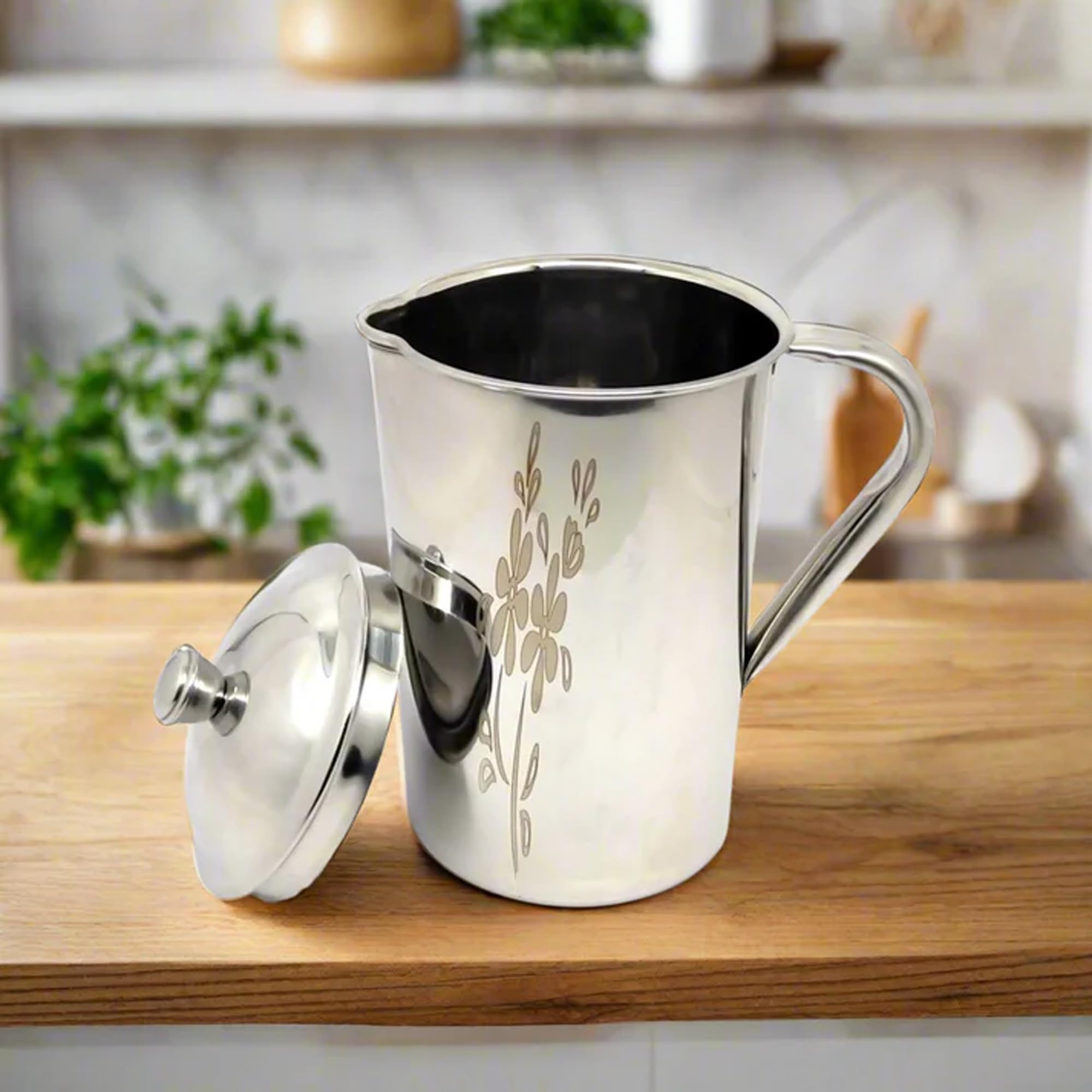 IDEAL PRIME Heavy Gauge Stainless Steel Water Jug with Airtight Lid 1.5 Liter Rust Proof Steel Pitcher Kettle Jug with Laser Print Design 1500 ml Pack of 1 1
