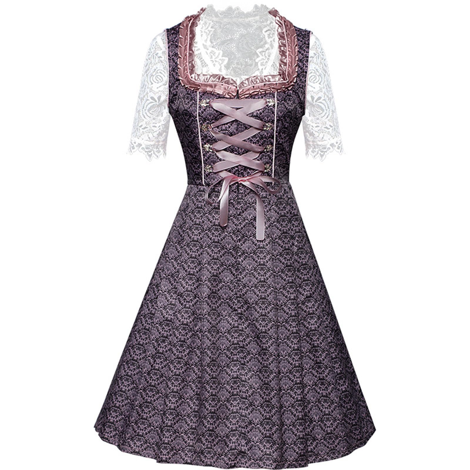 UHouse Dirndl Damen Midi Lang Spitze Dirndlkleid Elegante Trachtenkleid Trachtenmode für Oktoberfest Dirndlkomplettsets mit Spitzenschürze Trachtenrock inkl. Dirndlschürze Dirndlbluse Trachten Kleid