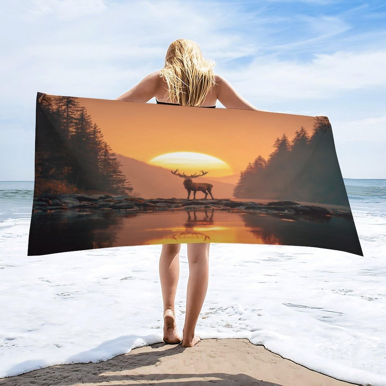 LUYYSKY Vintage Aesthetic Wildlife Elk Quick-Drying Beach Towel, Natural Art Sunset Pine Forest Lake Hunting Theme Animal Deer Travel Vacation Single Sided Pile Bathroom Towels-80 W cm x 160" L cm