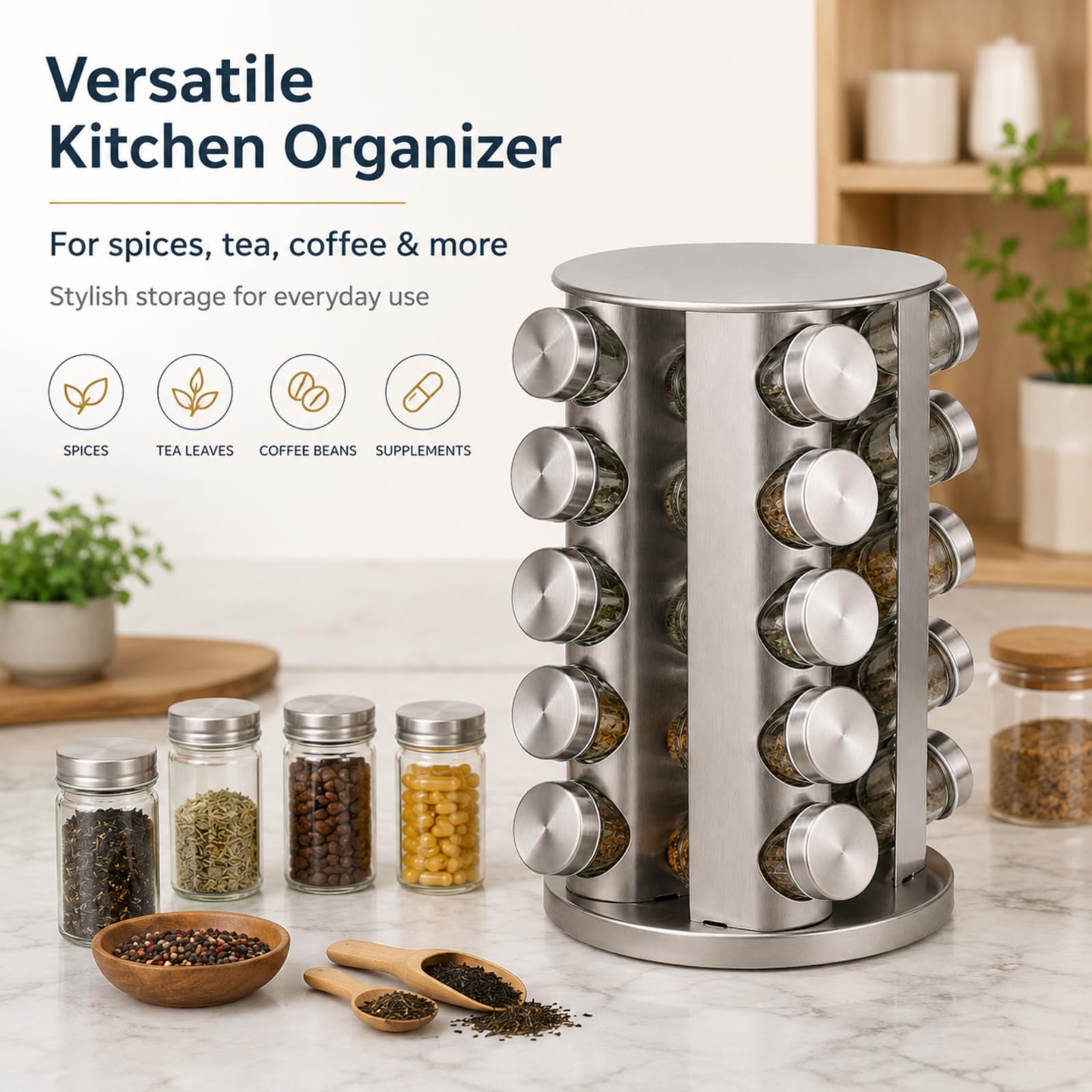 Gewürzregal drehbar, Edelstahl, mit Etiketten und Stift | Gewürzregal Stehend 5-stöckiges Design Spice Rack 360° Drehbar, mit 20 Gewürzdosen für die Küche