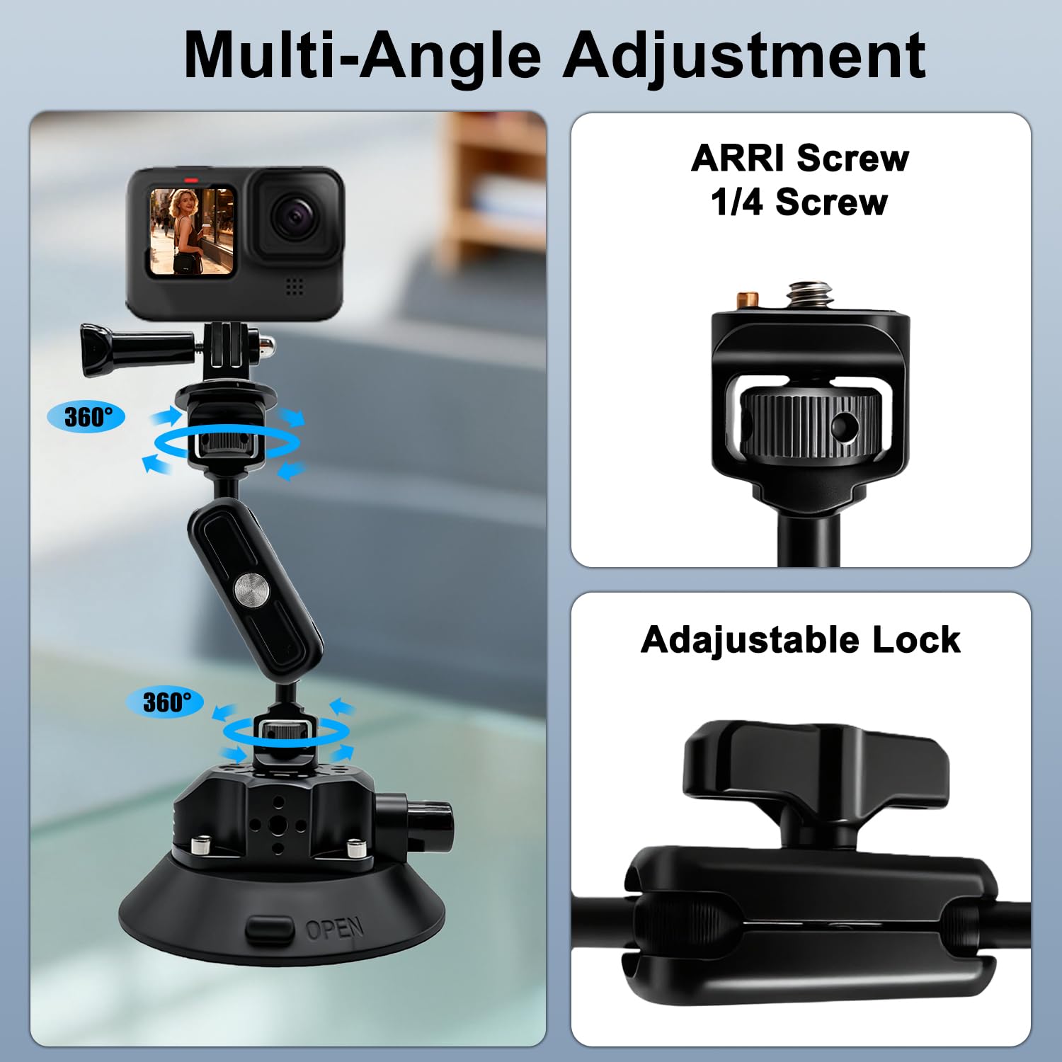 5'' DSLR Cámaras Coche Ventosa Soporte Compatible con Insta360 X5-X,Osmo 360/ Osmo Nano,60KG/132lbs Metal Bomba de Vacío Succión Soporte con Rótula Mágica & ARRI 1/4" 3/8" Agujeros para Acción Cámara