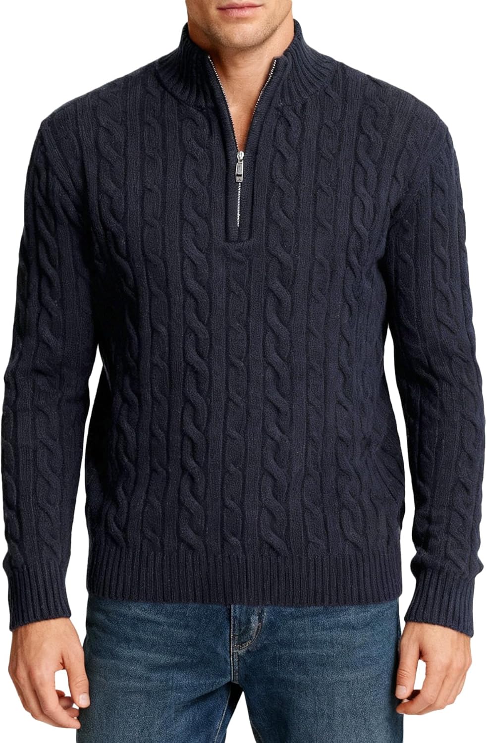 CHICHICFAD Men's 100% Wool Cable Knitted Quarter Zip Pullover Sweater Tops