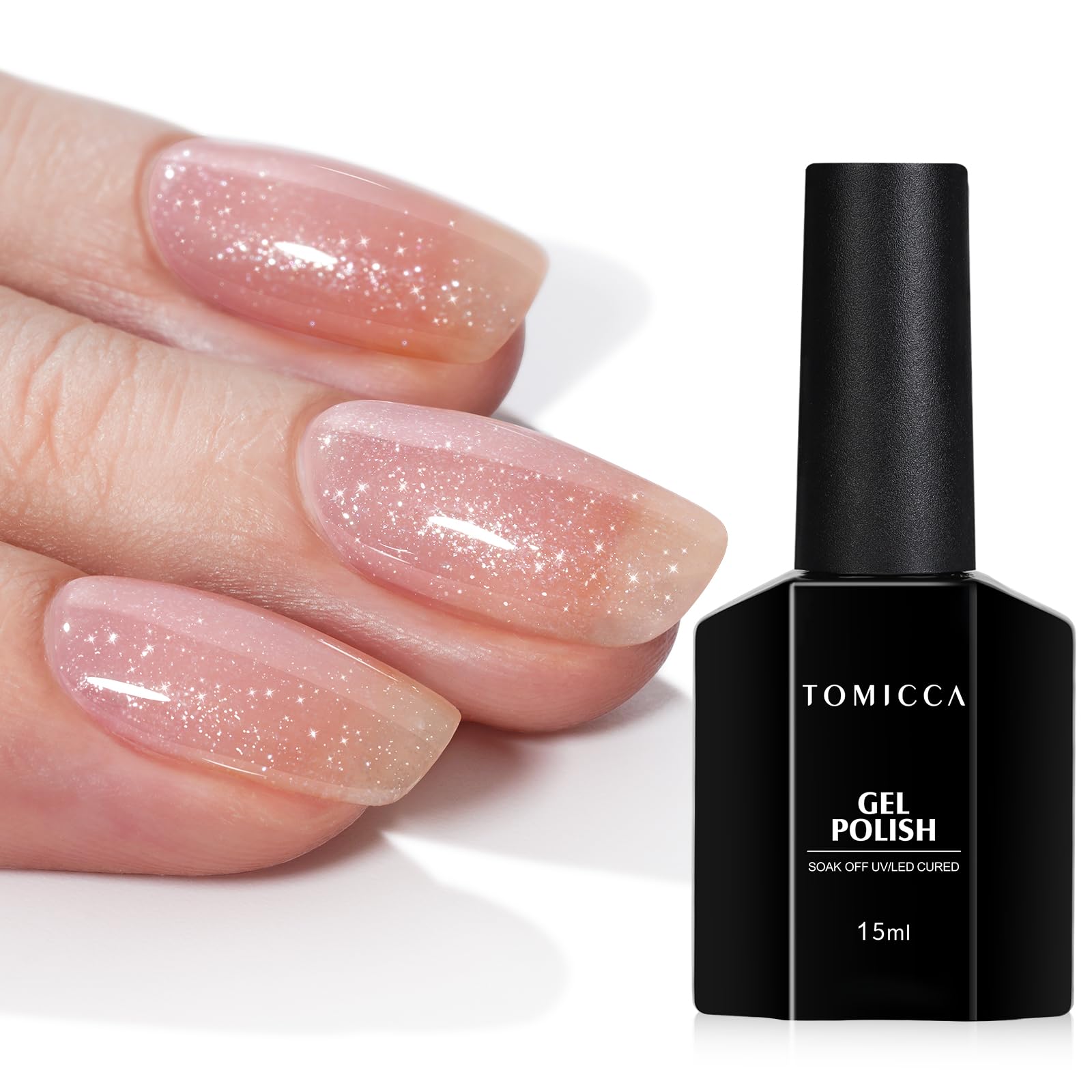 TOMICCA Glitter Gel Nail Polish Nude Pink Shimmery Neutral Jelly Color Gel Polish Sparkle Pink Nail Gel Soak off UV LED Cured for Home Salon DIY Nail Art-GB111