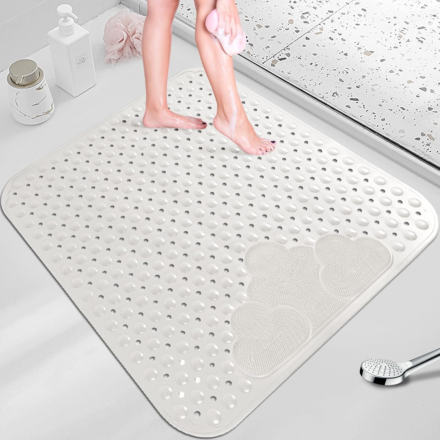 Non Slip Shower Mat 80x80cm,TPE Material Anti Slip Bath Mat With Suction Cups And Drainage Holes,Anti Mould,Foot Massage Area,Soft Touch,For Shower Stall Floors,Bathtub And Inside Shower(White)