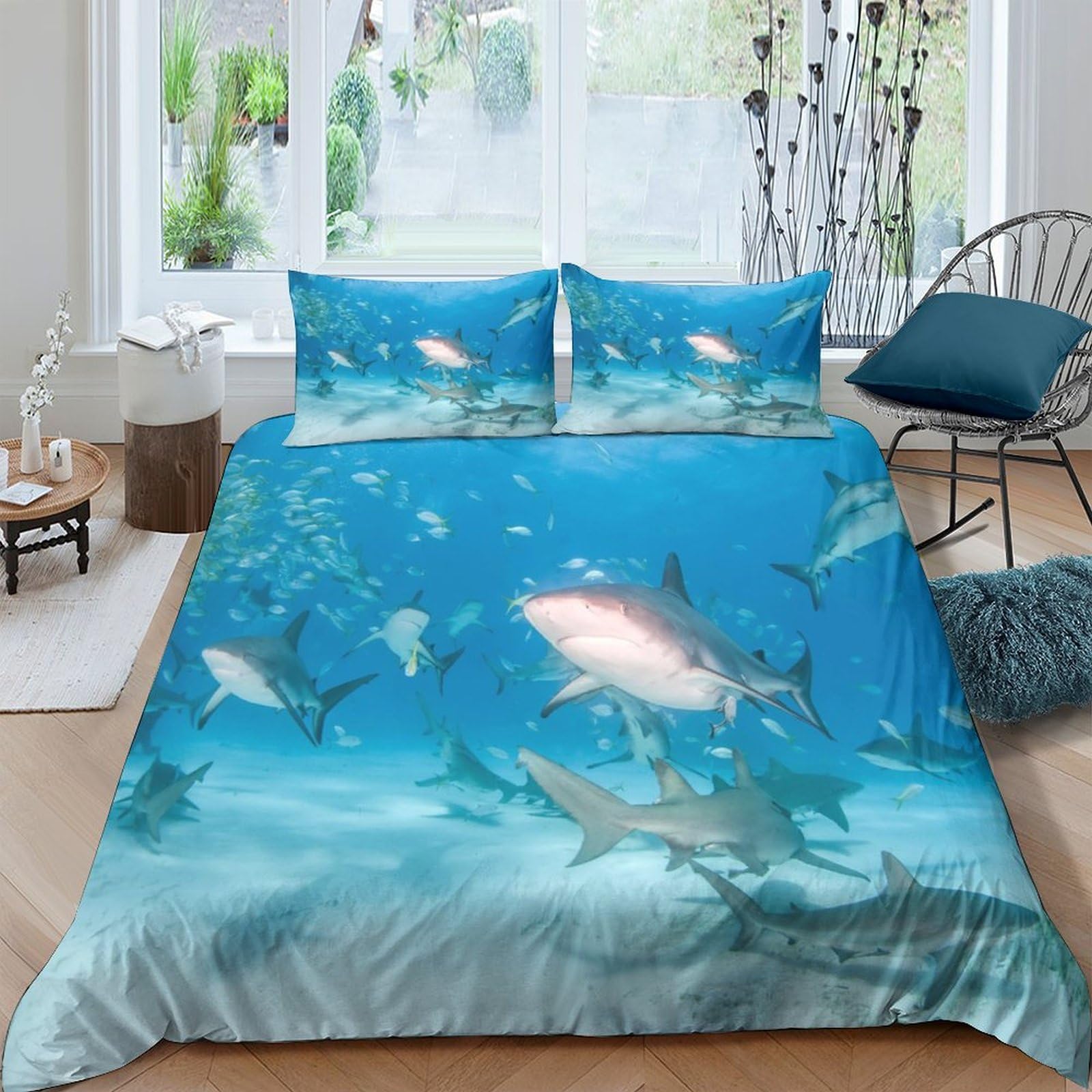 GPLZQXKJNH 3D Printed Shark Ocean Duvet Cover Microfiber Soft Breathable Underwater Sea Bedding Set with 2 Pillowcases for Bedroom Decor, Single（135x200cm）
